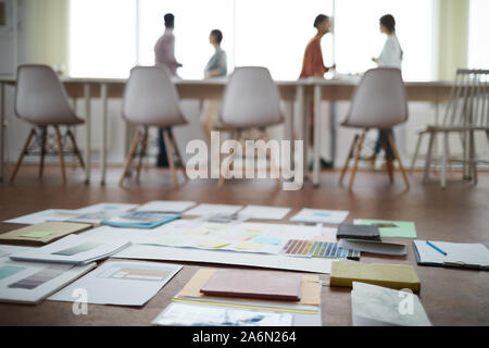 Concept of modern busines team planning project focus on documents and papers lying on floor in office, copy space Stock Photo