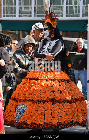 Emporia, Kansas, USA, October 26, 2019 Day of the Dead (Dia de los Muertos)  celebration held in Emporia today. Woman dressed in the style of a La Calavera Catrina outfit before dancing at the celebration today Stock Photo