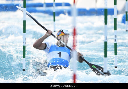 Tokyo, Japan. 27th Oct, 2019. First Place winner Aigner Hannes of Germany battles the water during the Men's Kayak competition at Kasai Canoe Slalom Center in Tokyo, Japan on Sunday October 27, 2019. Photo by: Ramiro Agustin Vargas Tabares Credit: Ramiro Agustin Vargas Tabares/ZUMA Wire/Alamy Live News Stock Photo