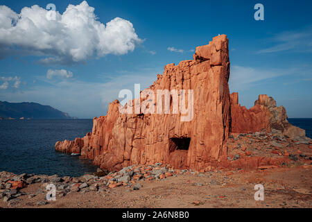 ARBATAX, ITALY / OCTOBER 2019: The scenic red rocks beach in Sardinia, Ogliastra region Stock Photo