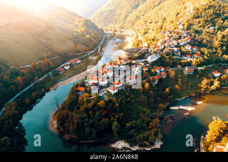 Aerial view of ancient city and castle of Vranduk in middle Bosnia. Near Zenica, Bosnia and Herzegovina. Toned image. Stock Photo