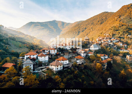 Aerial view of ancient city and castle of Vranduk in middle Bosnia. Near Zenica, Bosnia and Herzegovina. Toned image. Stock Photo