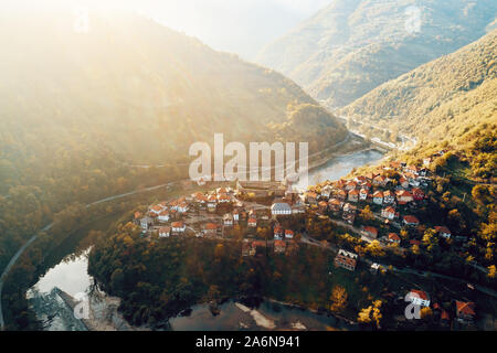 Aerial view of ancient city and castle of Vranduk in middle Bosnia. Near Zenica, Bosnia and Herzegovina. Toned image. Stock Photo