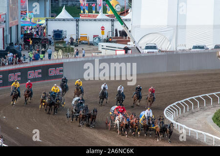 GMC Rangeland Derby Chuckwagon Racing at the Calgary Stampede Grandstand, Calgary, Alberta, Canada. July 9th, 2019. Stock Photo