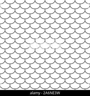 Abstract seamless fish scale pattern, outline of black and white tile roof. Design geometric texture for print. Linear style, vector illustration Stock Vector