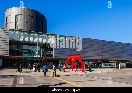DEC 2, 2018 Hakodate, JAPAN - JR JR Hakodate Station building with tourists at front square under bright sunlight in winter Stock Photo