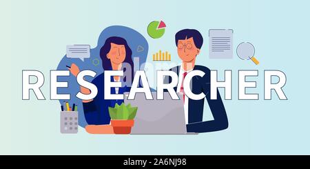 Researcher career as data science analyst. Two people man woman working on laptops looking into statistics data paper chart. Stock Vector