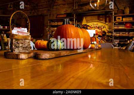 Local Canadian coffee shop setting. Pumpkins layout on a wooden coffee table. Autumn, thanksgiving theme. Stock Photo