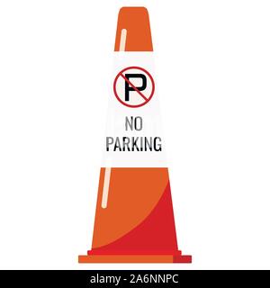 Orange color plastic traffic cone with reflective stripe sticker and no parking sign isolated on white background. Stock Vector