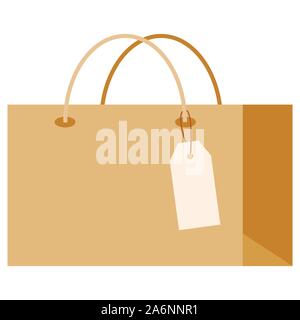 Vector flat template kraft color blank paper shopping eco bag in-store purchases with tag isolated on white background. Stock Vector