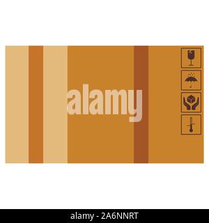 Cardboard closed sealed with tape boxe with packaging sings isolated on white background. Stock Vector