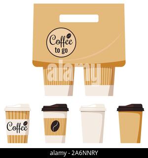 Kraft brown, white paper coffee cup with cap and holder isolated on white background icon set, front view Stock Vector
