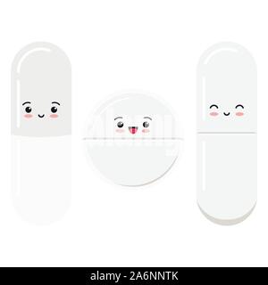 Set of cute happy smiling different form white drug pills and capsule isolated on white background. Stock Vector