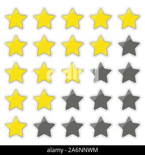 Golden star rating icon set with 5 star button in row isolated on white background. Stock Vector