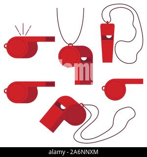 Red plastic sport referee whistle vector icon set isolated on white background. Stock Vector