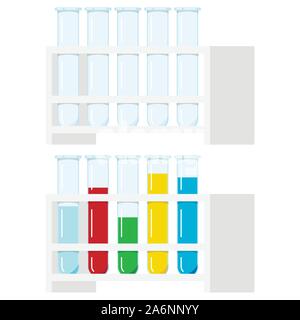 Vector set of glass test tubes clear, with multi-colored liquid reagents containing in rake isolated on white background. Stock Vector