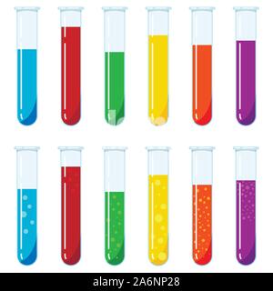 Vector set of glass test tubes with multi-colored liquid reagents with and without bubbles isolated on white background. Stock Vector