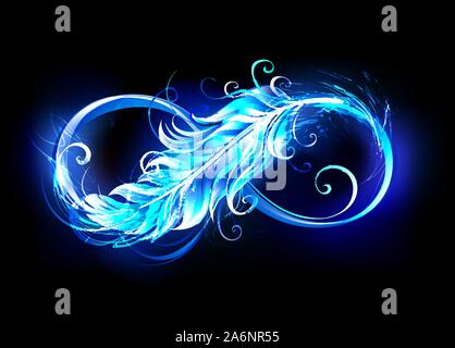 Fiery infinity symbol with light feather of bird from blue bright flame on black background. Stock Vector