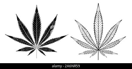 Two isolated, stylized, contour, silhouette, black leaves of hemp on white background. Stock Vector