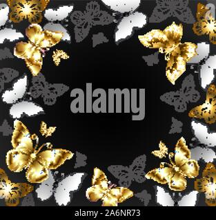 Black background with gold jewelry and white butterflies. Golden butterfly. Stock Vector
