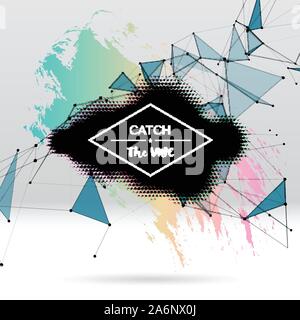 Background with brush stroke, blot, triangular grid and label Stock Vector