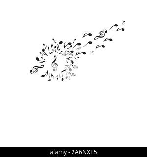 Dandelion silhouette made from musical notes, with some notes flying away towards on whrite backround Stock Vector