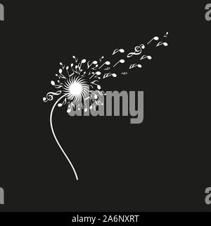 Dandelion silhouette made from musical notes, with some notes flying away towards on black backround Stock Vector