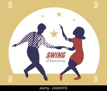 Swing dance party poster. Silhouettes of guy and girl dancing swing. 1940s and 1950s style on gold background. Flat vector illustration. Stock Vector