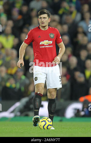 Norwich, UK. 27th Oct, 2019. Harry Maguire of Manchester United during the Premier League match between Norwich City and Manchester United at Carrow Road on October 27th 2019 in Norwich, England. (Photo by Matt Bradshaw/phcimages.com) Credit: PHC Images/Alamy Live News Stock Photo