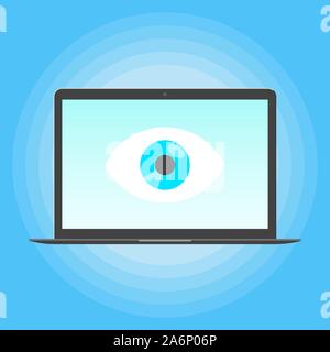 Big brother concept. Laptop spying with big eye on the screen of notebook monitor isolated on light blue background flat style design vector illustrat Stock Vector
