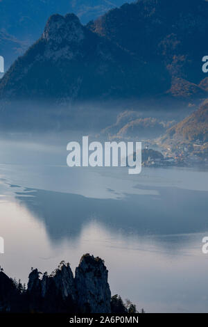 Scenic high angle view of Traunkirchen in the Salzkammergut region, OÖ, Austria, as seen from the opposite side of the Traunsee Stock Photo
