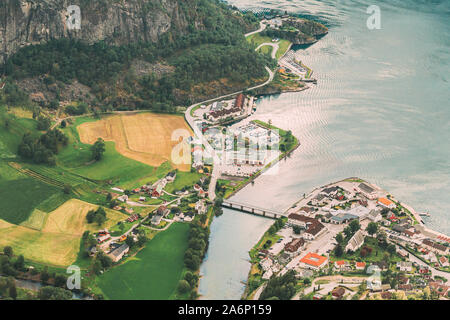 Aurland, Aurlandsvangen, Norway. Aurlandsvangen Seen From Stegastein Viewpoint In Sogn And Fjordane Fjord. Amazing Summer Scenic Aerial View Of Norweg Stock Photo