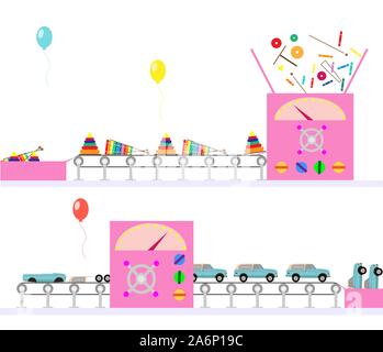 Illustration of a conveyor belt for the production of children's toys. Vector illustration. Stock Vector
