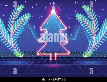 Christmas card with 80s neon tree Stock Vector