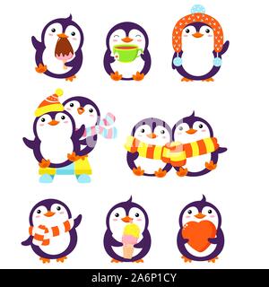 Set of cute cartoon penguins in different poses. Funny, Happy, in scarf and hat, riding on sleigh, with ice cream, red heart, tea cup. EPS8 Stock Vector