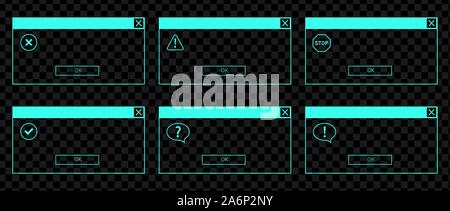 Glowing neon UI set of the error messages and system dialog boxes Stock Vector