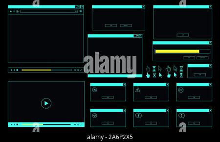 Neon theme of desktop user interface. Web browser window, online video player, error message and computer cursor. Stock Vector