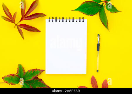 Open empty notebook with a pen on a yellow background with autumn leaves. Stock Photo