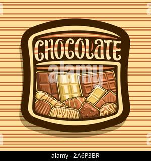 Vector logo for Chocolate, dark square sign with choice of different kind of whole premium chocolate bars and heap of candies, original brush typeface Stock Vector