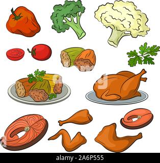 Set of Food Objects, Finished and Ingredients, Fried Chicken, Vegetables, Stuffed Peppers, Greens, Fish and More, Isolated on White Background. Vector Stock Vector