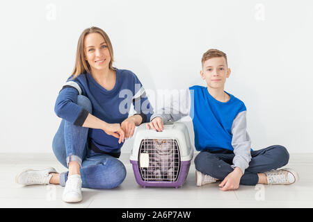 Positive good-looking mother and son launch their beautiful gray Scottish Fold cat into their new apartment after the move. Housewarming concept. Stock Photo