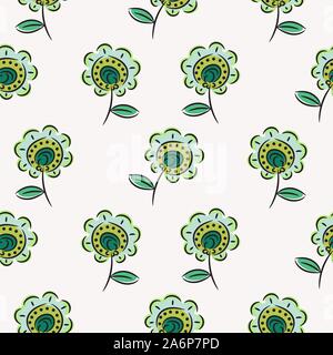 Green sketched flowers seamless pattern texture on white background. Stock Vector