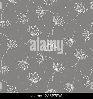 Seamless pattern texture with outline dandelions on gray background. Stock Vector