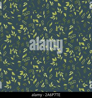 Foliage seamless pattern with plants and leaves. Vector green and blue dark background. Stock Vector