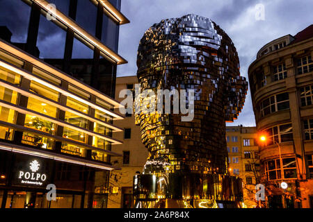 Franz Kafka statue head moving sculpture of Franz Kafka Prague kinetic art by David Cerny Prague Stock Photo