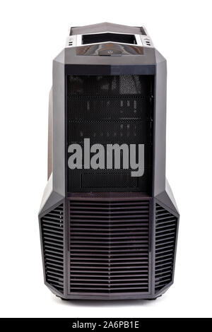 front view of modern desktop computer tower case isolated on white background for new modern mainboard with processors new generation Stock Photo