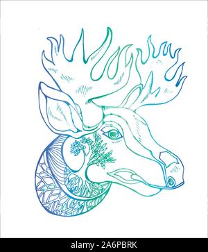 Neon illustration of a moose with horns, ornament. Idea for tattoo. Stock Vector