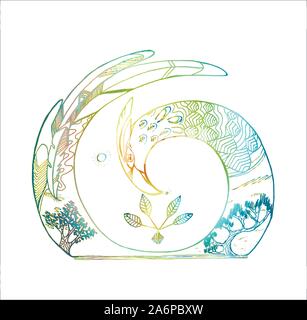 Neon picture of a bird in a spiral whith trees inside. Stock Vector