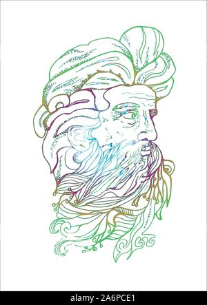 Neon illustration of a man's head with a beard and branches. Stock Vector