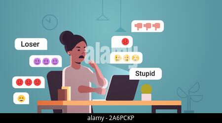 girl being bullied woman using online application reading insulting messages social media harassment trolling cyber bullying concept full length flat horizontal vector illustration Stock Vector